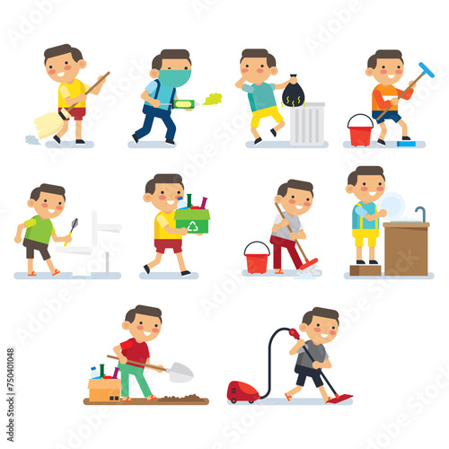 Children doing house work series. Children doing healthy habit and hygiene activities in the house poster series.