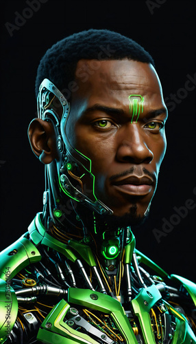 photo of cyborg man with glowing green circuit line on black background, generative AI