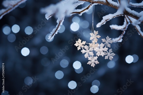 Snowflake hanging from a snowy tree branch.