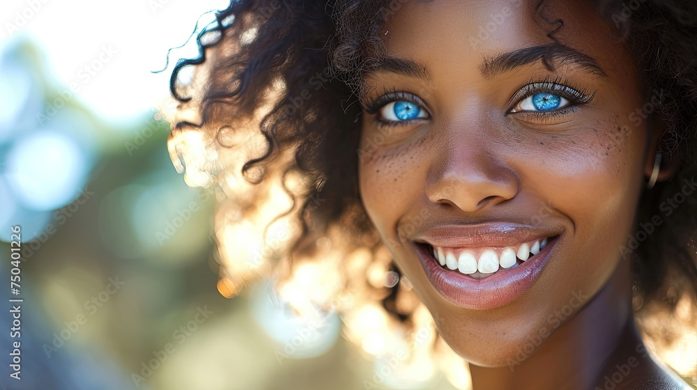Portrait of smiling joyful African American woman with vibrant colored contact lenses blue eyes, showcasing beauty, diversity, and the captivating gaze of individuality Portrait of smiling joyful African American woman with vibrant colored contact lenses blue eyes, showcasing beauty, diversity, and the captivating gaze of individuality