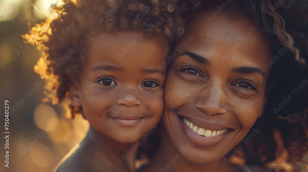 A close-up of a African American mother and son, their faces alight with smiles, capturing the richness of their combined heritage and the deep bond they share. - obrazy, fototapety, plakaty 