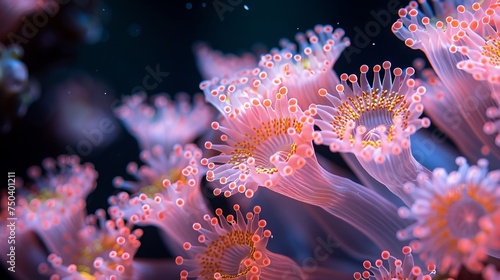 Underwater pink coral reef polyps on black background