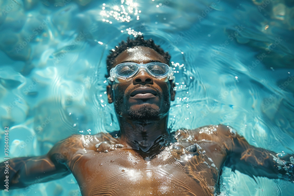 Young African man swimming on surface of tropical sea