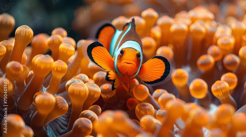 A clown anemonefish shelters within its sea anemone's tentacles. - obrazy, fototapety, plakaty 