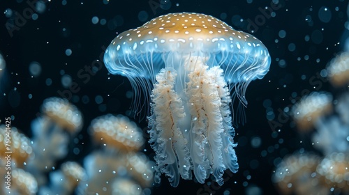 The lion's mane jellyfish revealed a dome with white luminous stars on a black background photo