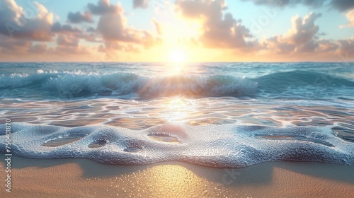 A golden beach background with a sunset, sea, and copyspace in a summer setting