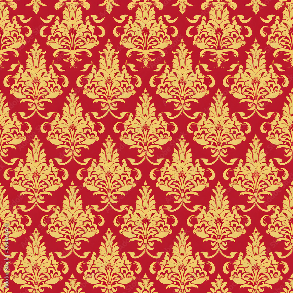 Seamless texture of red and gold damask pattern. Neural network generated image. Not based on any actual scene or pattern. Seamless texture of red and gold damask pattern. Neural network generated image. Not based on any actual scene or pattern.
