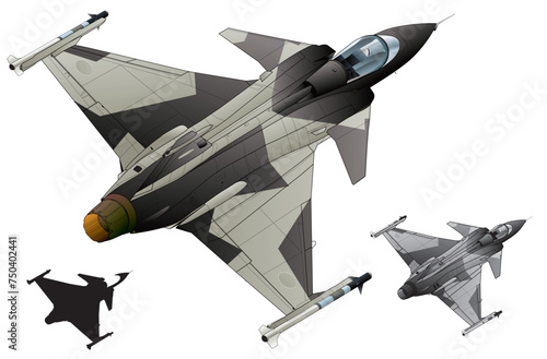 カナードとデルタ翼を持つ軽ジャット戦闘機サーブ39グリペン（現代風迷彩塗装・モノクロ・シルエット）