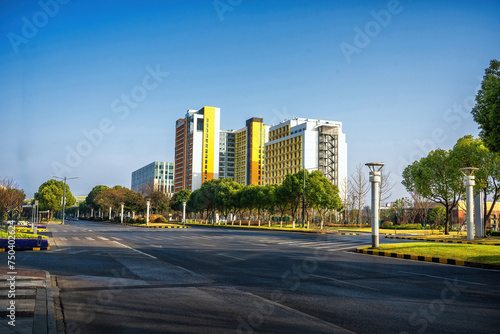 Sunny Day at Modern City Street with Colorful Buildings