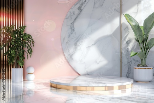 marble Podium stand studio room luxury gold color background 3d pedestal platform background. Premium rose gold golden light scene luxurious style floor stage modern mockup base. with a vase tree