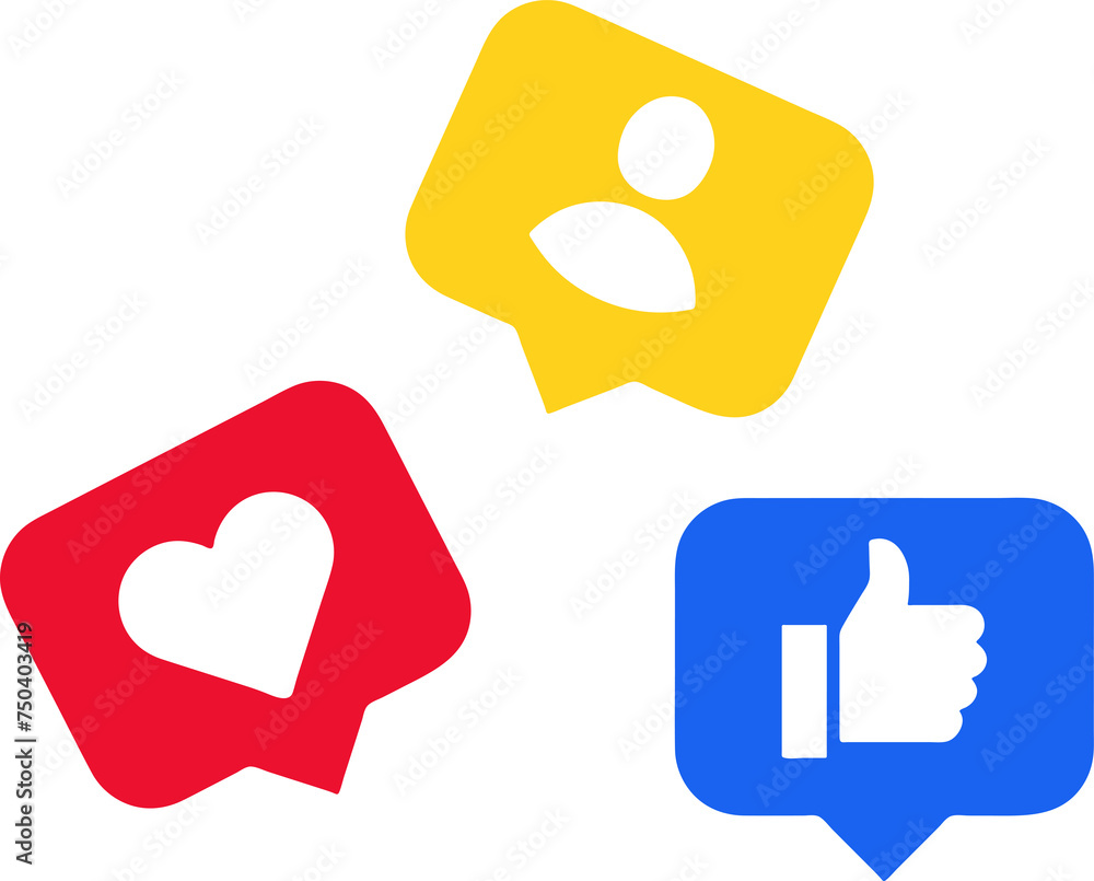 Social media icon reactions, love, like, thumbs up, add friend and notification Social media icon reactions, love, like, thumbs up, add friend and notification