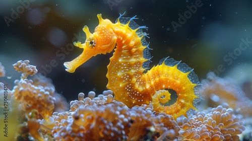 Underwater photo of a yellow female Common Seahorse (Hippocampus Taeniopterus). photo