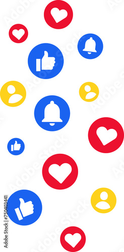 Social media icon reactions, love, like, thumbs up, add friend and notification