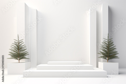 Minimal Stage Mockup  White Podiums on Beige with Pine Tree Shadows