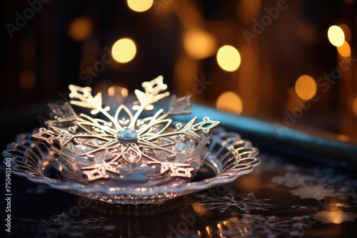 Snowflake ornament on a vintage tray.
