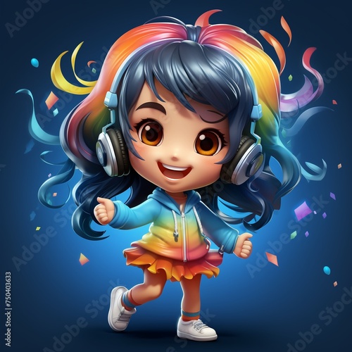 Joyful 3D girl with headphones style dancing under rainbow mascot