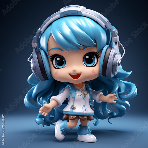 Playful 3D girl headphones and music notes dancing cute mascot © Atchariya63