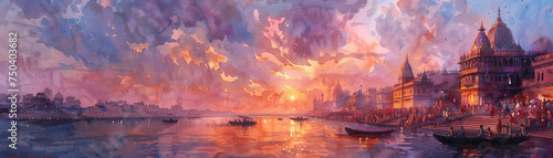 Panoramic watercolor of Holi celebration with a vibrant sunset over the Ganges River photo