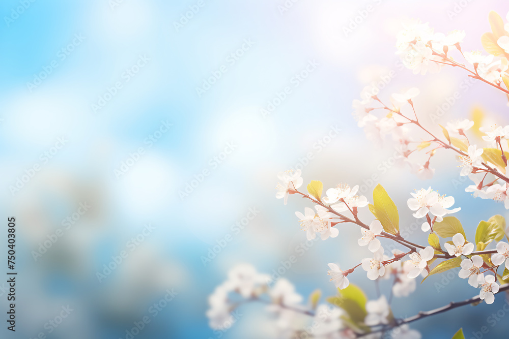 Sky of pure serenity, blooming with springtime beauty, This dreamy background features soft, blurred sunshine against a vibrant blue canvas Sky of pure serenity, blooming with springtime beauty, This dreamy background features soft, blurred sunshine against a vibrant blue canvas