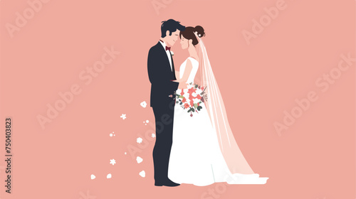Bride in White Dress and Groom in Black Suit