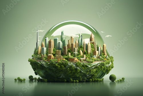 City thriving within a protective glass dome  where nature and urban life coexist in perfect balance