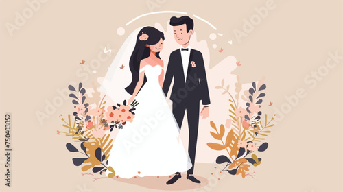 Bride in White Dress and Groom in Black Suit