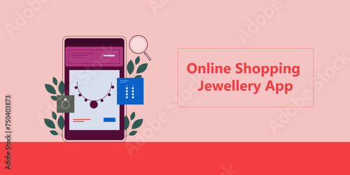 Selling online jewellery through mobile application, Online store selling jewellery, Shopping app for jewellery shop, vector illustration landing page