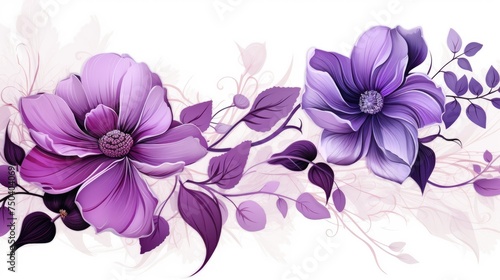 Beautiful delicate purple flowers on a white background. Abstract layout of a colored frame with space for text. An invitation to a wedding. The concept of International Women s Day  Mother s Day.