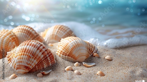 Background with seashells on sand. Summer vacation at sea.