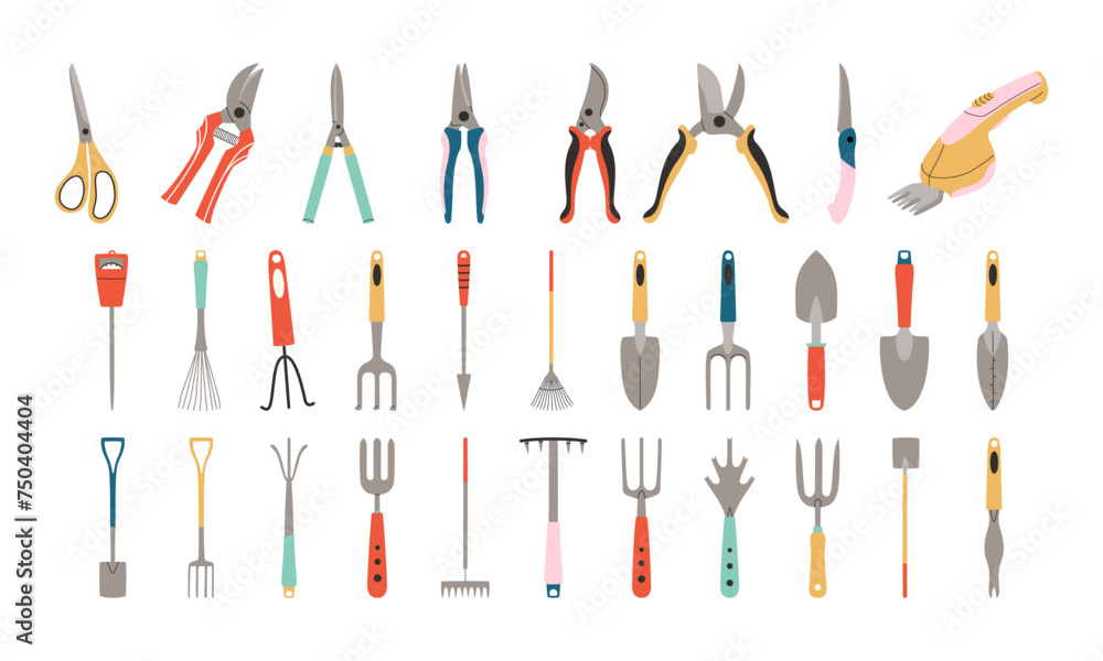 Set of garden tools. Scissors, pruner, shovel, rake, pitchfork. Hand drawn vector illustration.