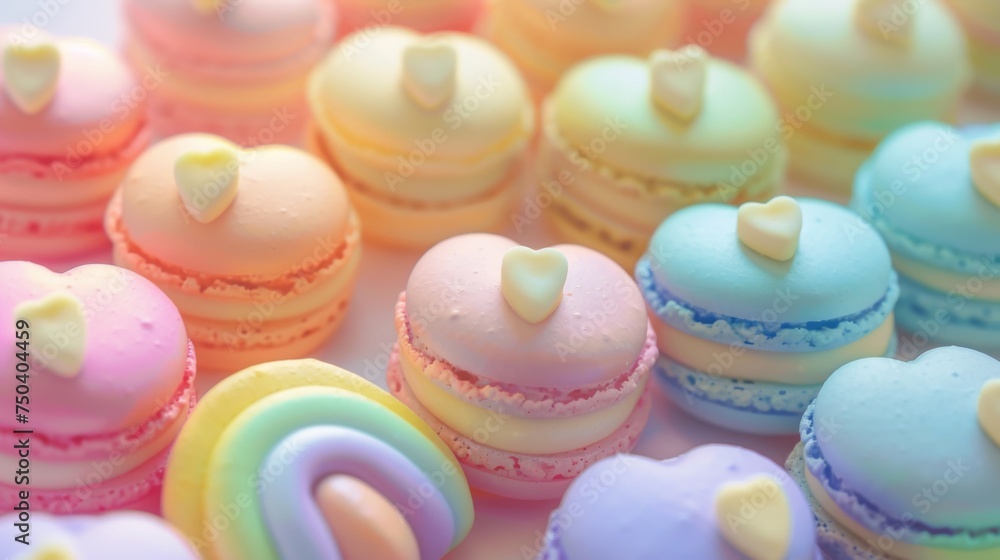 A bunch of macarons with hearts on top of them A bunch of macarons with hearts on top of them