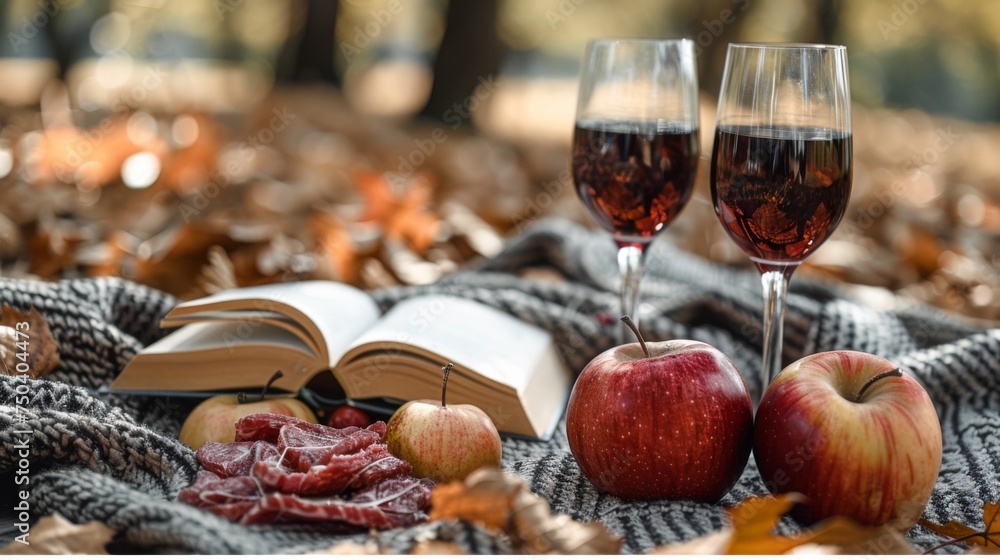 Two glasses of wine and two apples on a blanket