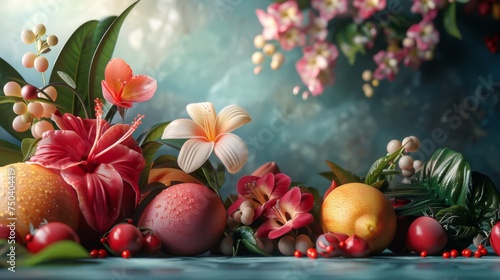 A bunch of fruit and flowers on a table
