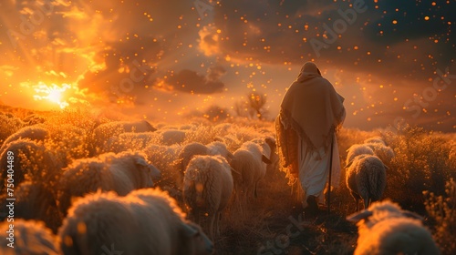 Shepherd Jesus guides flock and prays in illuminated field under heavens light. Concept Religious Art, Jesus Christ, Biblical Scene, Religious Symbolism, Sacred Guidance