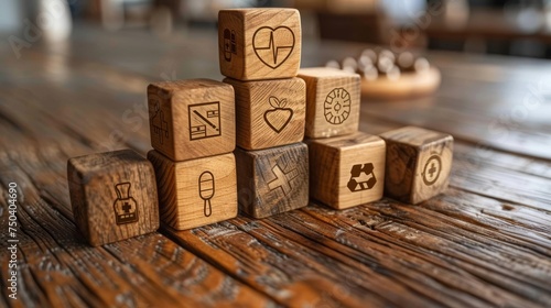 A hand arranged stack of wood blocks with the health icon and the health insurance concept