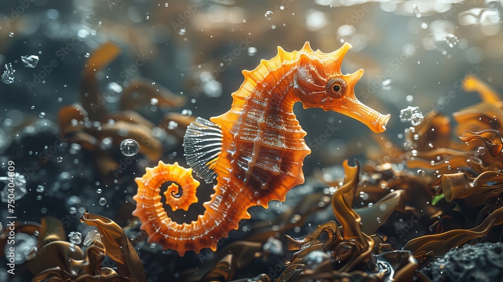 A seahorse fish and a plastic bag in the ocean.