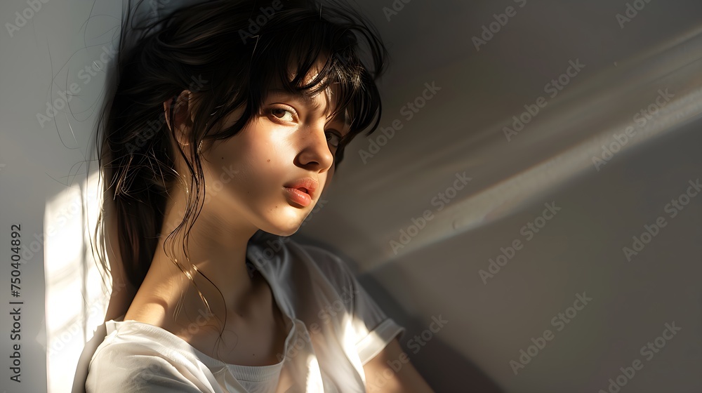 Naklejka premium Woman in Soft Light with Thoughtful Expression