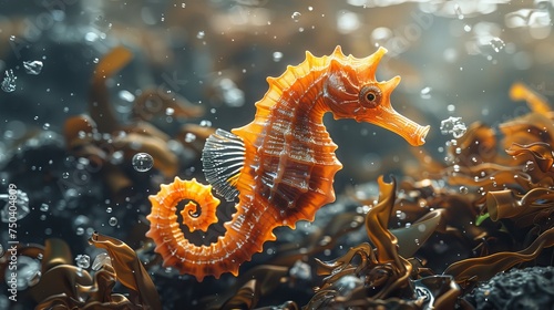 A seahorse fish and a plastic bag in the ocean.