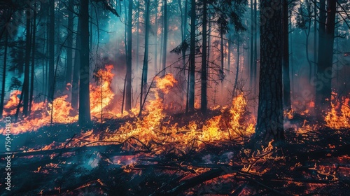 A devastating wildfire consumes a forest, highlighting the ferocity of natural disasters and human environmental impact