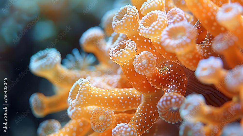 In a saltwater aquarium, a macro photo shows tiny polyps of Montipora sps coral - obrazy, fototapety, plakaty 