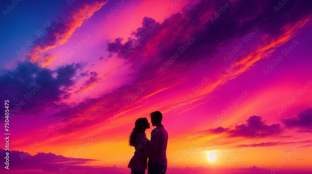 A mesmerizing sunset paints the sky with vibrant hues as a couple shares a moment of love and serenity. Perfect for conveying romance and natural beauty