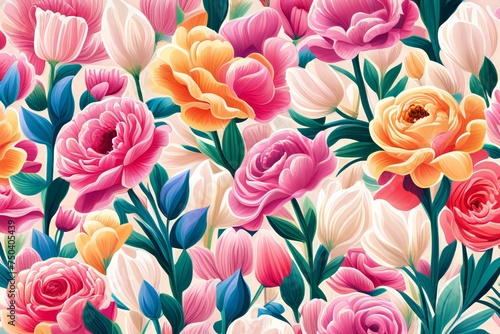 colorful flowery background with variety of flowers including roses  tulips