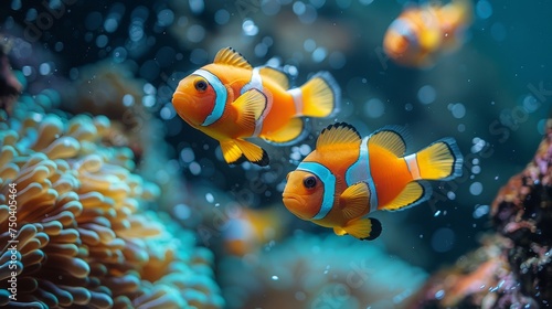 A blue anemone hosts two clownfish underwater © Diana