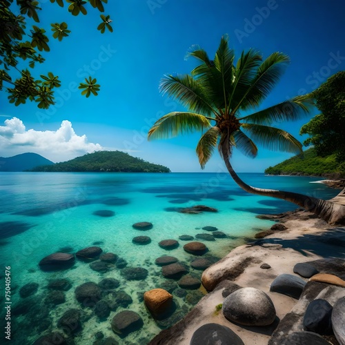 Coconut tree beside blue ocean under blue sky and stones are at the base of the tree in Port Blair Andaman India. World Ocean Day special photograph.