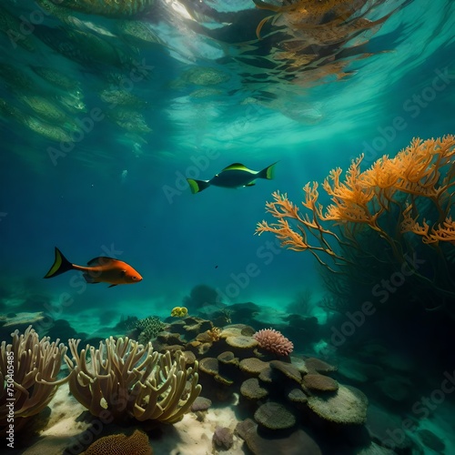 Plants and fish at the bottom of the ocean. Flora under water  ocean life. Free space for text.