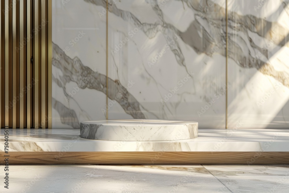 white marble Podium stand studio room luxury gold color background 3d pedestal platform background. Premium golden light scene luxurious  style floor stage modern mockup base. with a vase tree