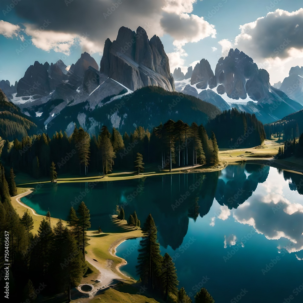 Aerial view of Lago Antorno, Dolomites, Lake mountain landscape with Alps peak , Misurina, Cortina di`Ampezzo, Italy. Reflected the famous Tre Cime di Lavaredo - obrazy, fototapety, plakaty 