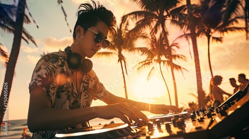 Trendy Asian DJ with a stylish hairstyle spins tunes at a beach party, plays music in a resort hotel at sunset. Seaside vibes, palm trees, relaxed atmosphere, Hawaiian shirt