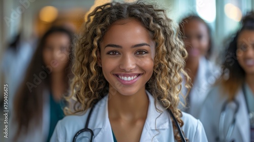 A diverse group of female health students smile on their way back from class in medical school, showing their dedication to completing their residency and pursuing a bright future in medicine. photo
