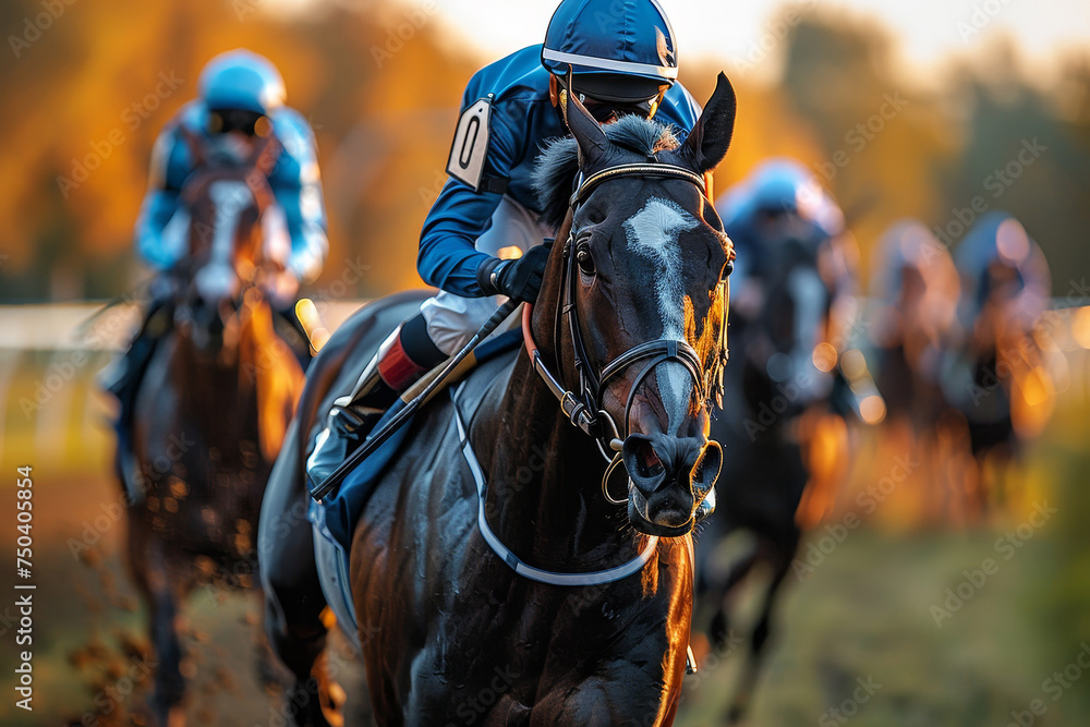 Jockey Riding Thoroughbred on Racetrack Jockey Riding Thoroughbred on Racetrack